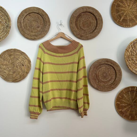 NEW By Together Boutique Off Shoulder Knit Matcha Latte Striped Sweater Small - Picture 3 of 7